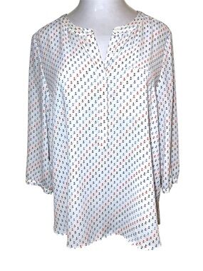 NYDJ White Sheer Blue & Red Anchor-Print Split-Neck Tunic Top
